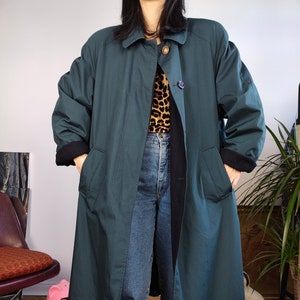 Vintage 2-in-1 reversible trench coat wool navy blue teal green long lining women M