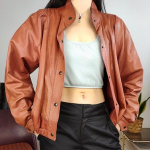 Veste 100 % cuir vintage marron orange rouge manteau femme S