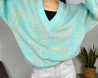Sweter bawełniany vintage L XL | sweter z dzianiny dzianinowej z dekoltem w serek miętowo-zielonym niebieskim wzorem