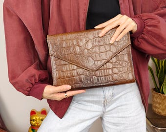 pochette vintage petit sac à main marron motif crocodile