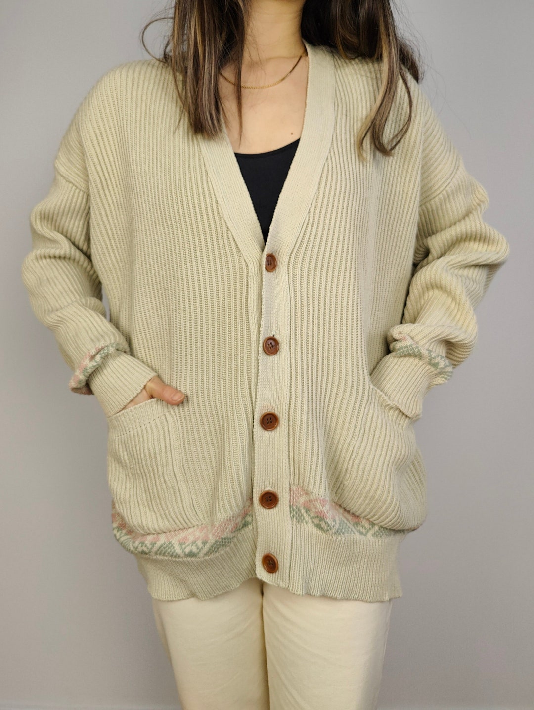The Cream Cotton Ribbed Cardigan Vintage Knit Knitted Sweater Jacket ...