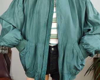 Vintage jaren '90 zijden bomberjack blouson groen licht lente zomer vrouwen unisex mannen 52/54 XL