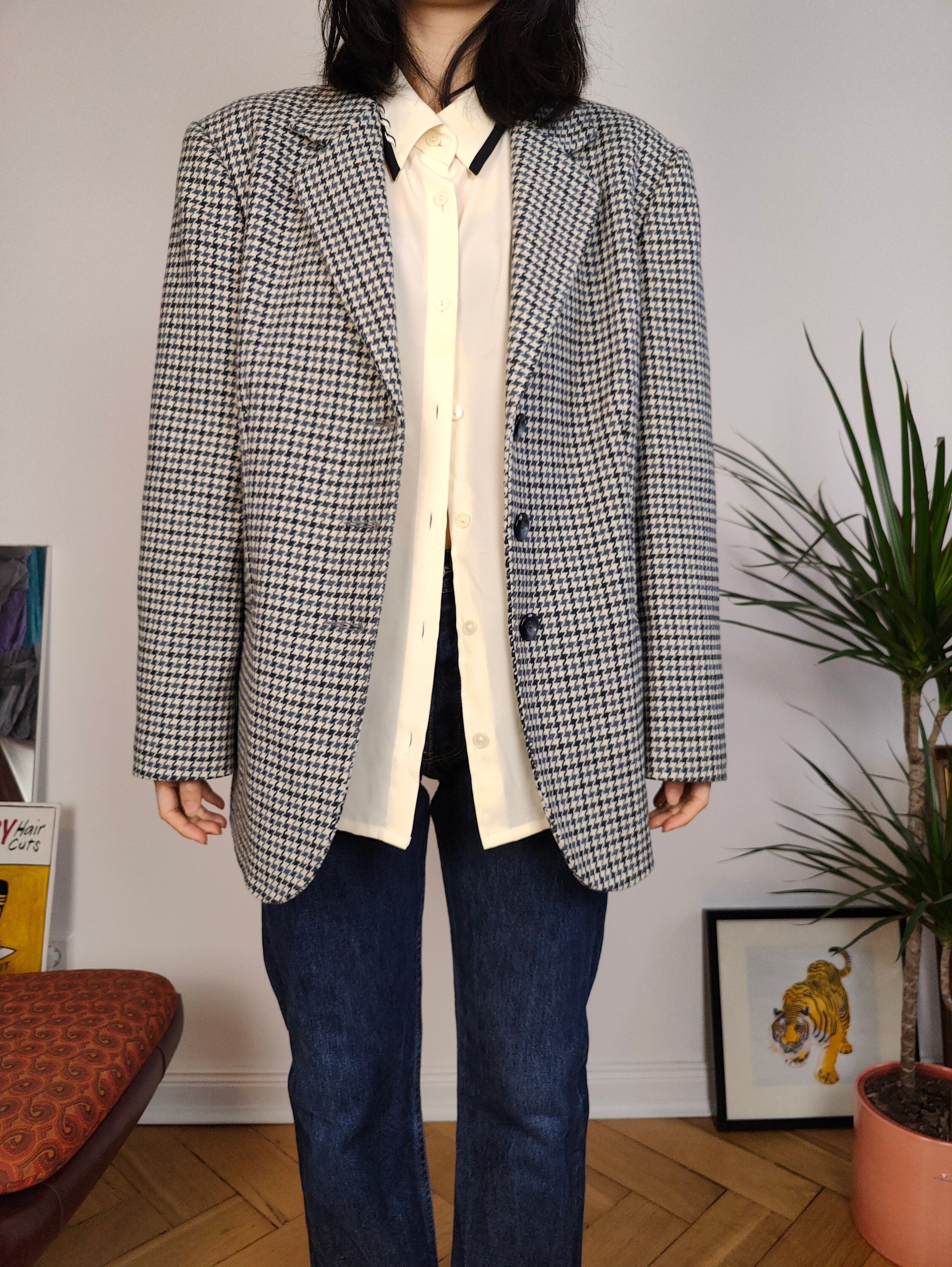 早割ex Vintage Tartan Check Checker White Blue Blazer Blend Wool ジャケット・アウター