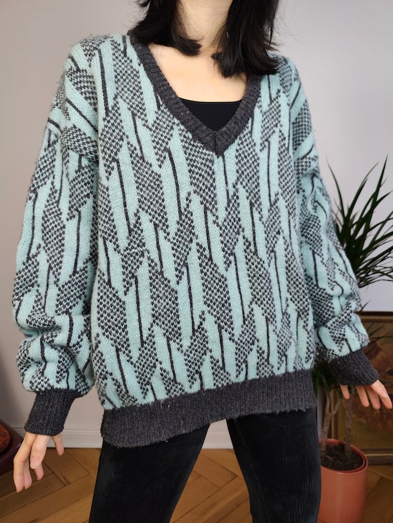 Vintage Benetton Shetland Pure New Wool Sweater Knit Grey Blue Pattern Fall Winter Knitted Pullover Jumper V Neck M Etsy UK