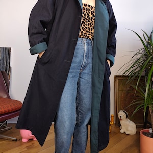 Vintage 2-in-1 reversible trench coat wool navy blue teal green long lining women M