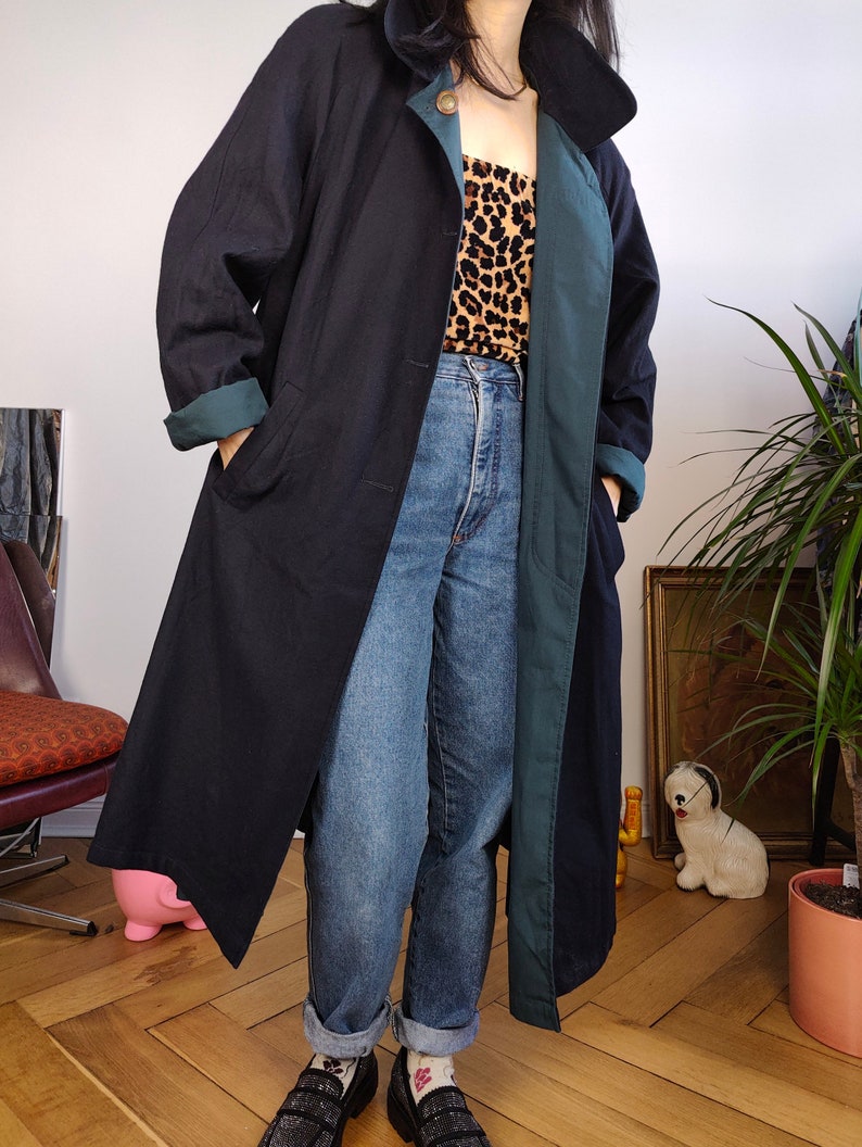 Vintage 2-in-1 reversible trench coat wool navy blue teal green long lining women M