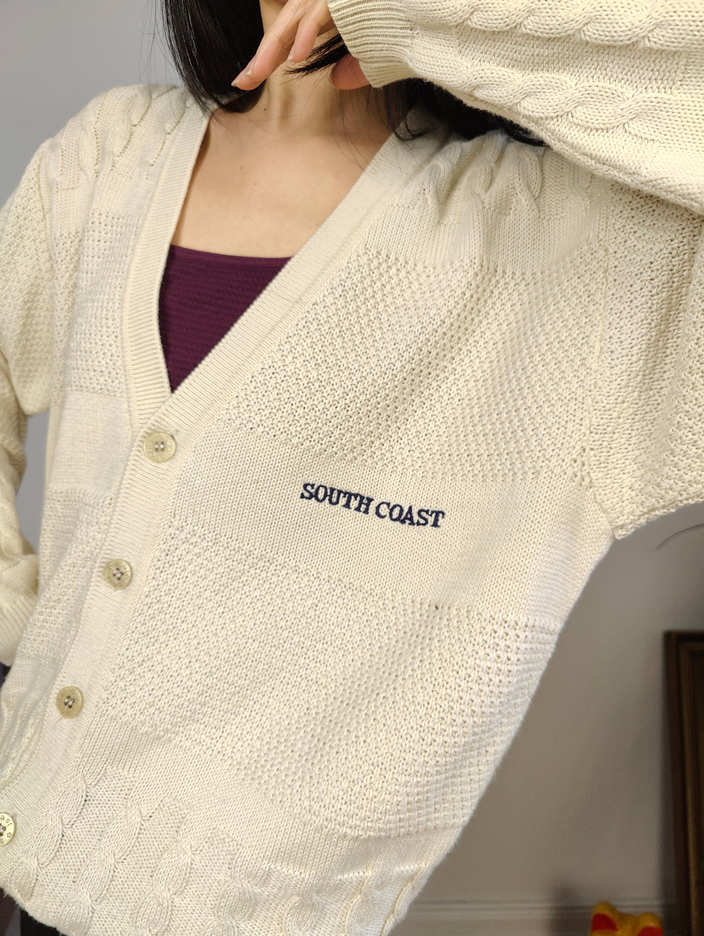 Vintage Wool Mix Cardigan White Cream South Coast Knit Knitted 