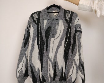 The Black White Rocks | Vintage wool mix knit sweater polo collar abstract pattern men unisex XL