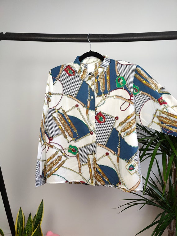 Vintage Blouse White Baroque Equestrian Chains Print Pattern