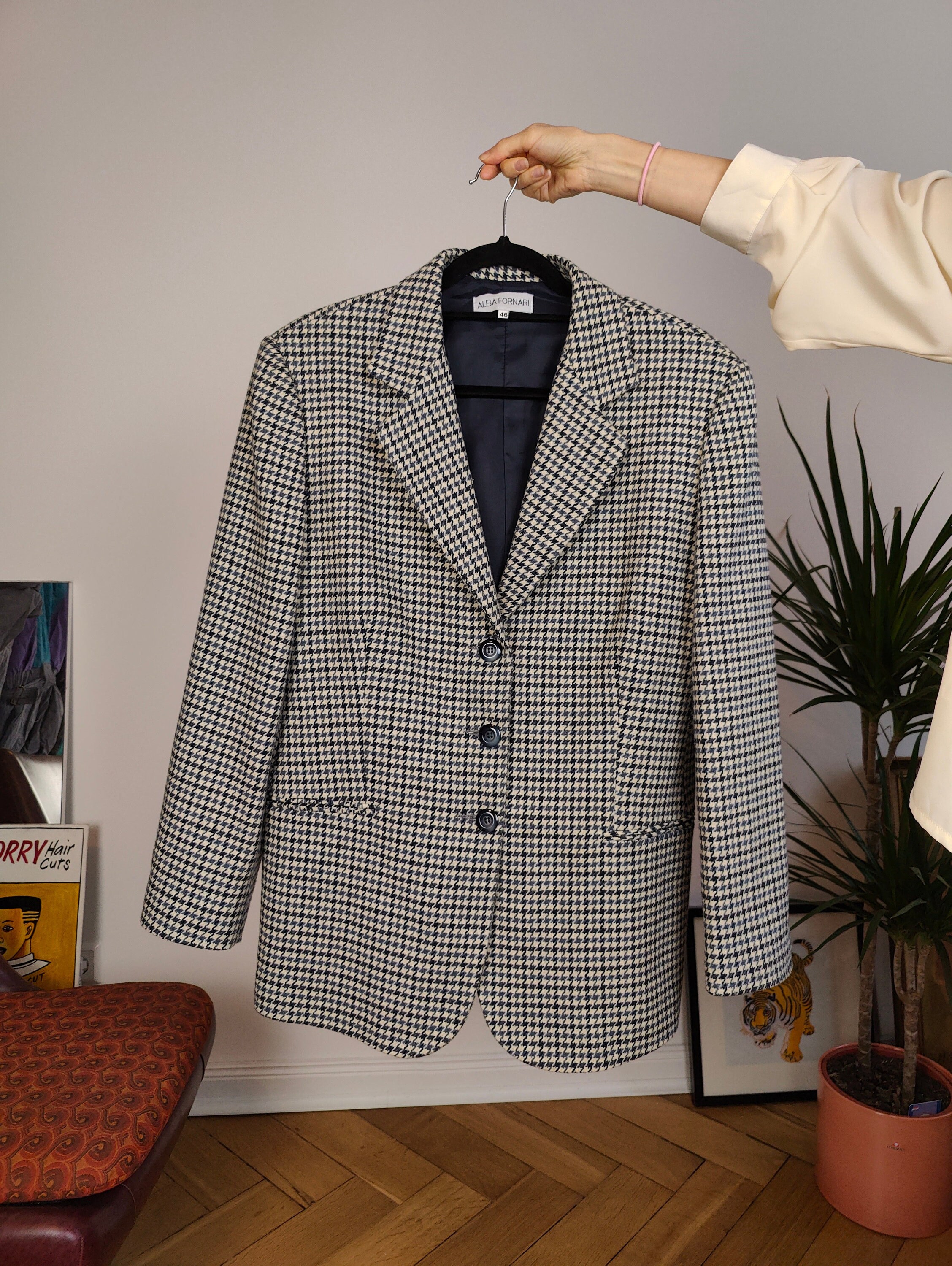Vintage Wool Blend Blazer Blue White Checker Check Tartan