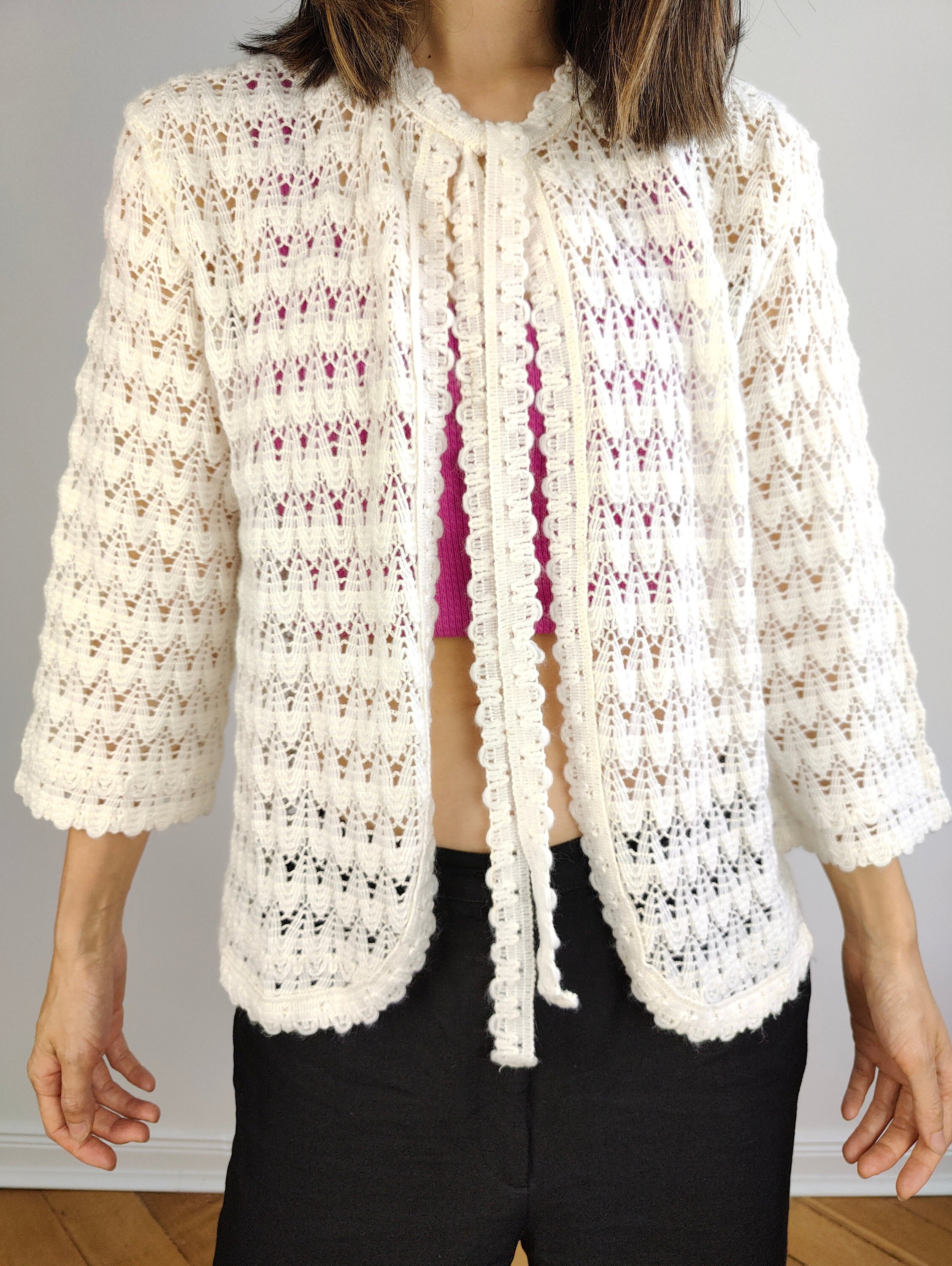 The Crochet Open Knit White Cardigan | Vintage 3/4 Bell