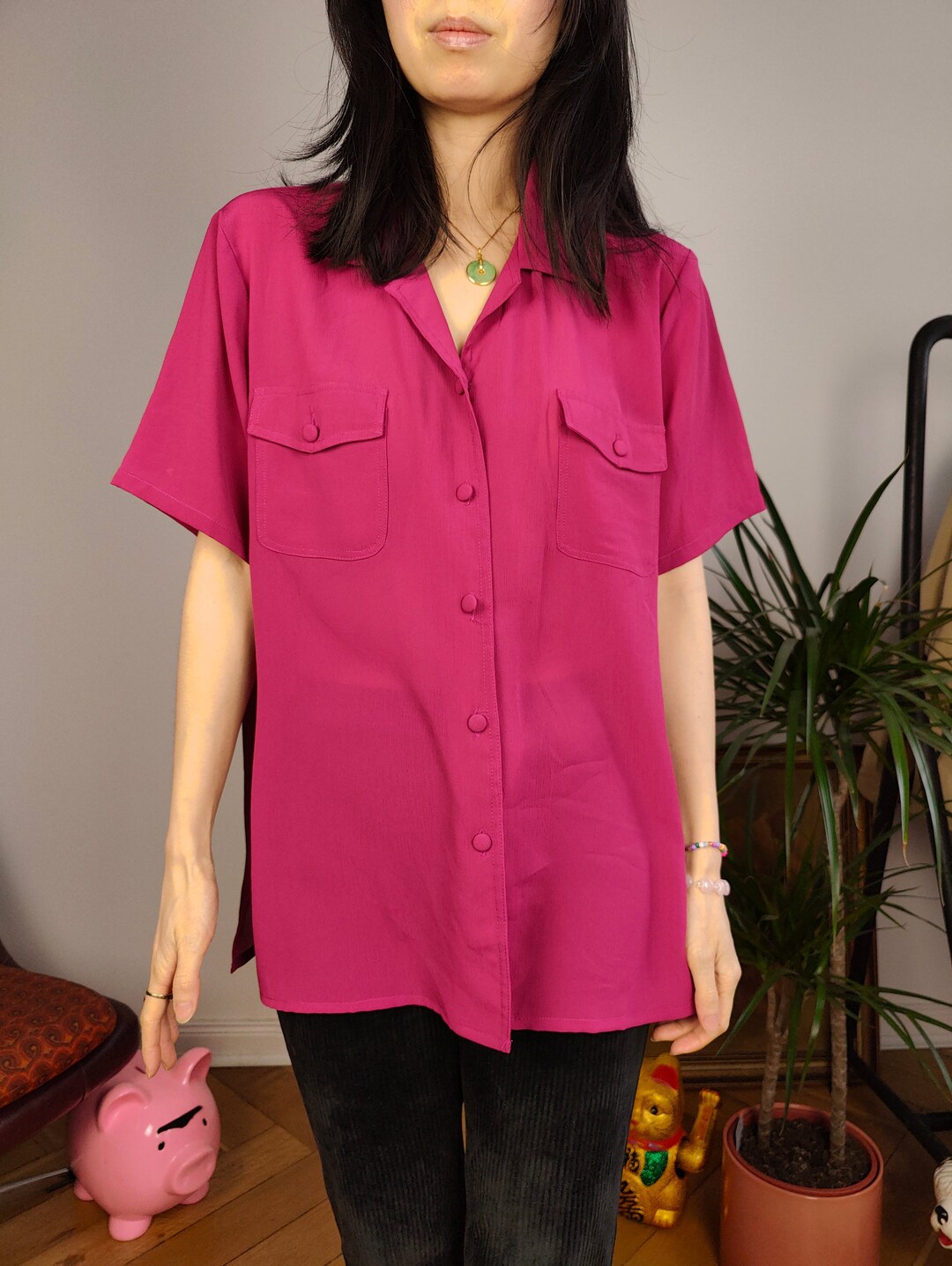 Vintage 100 Silk Blouse Red Magenta Pink Short Sleeve Button up Plain — free download