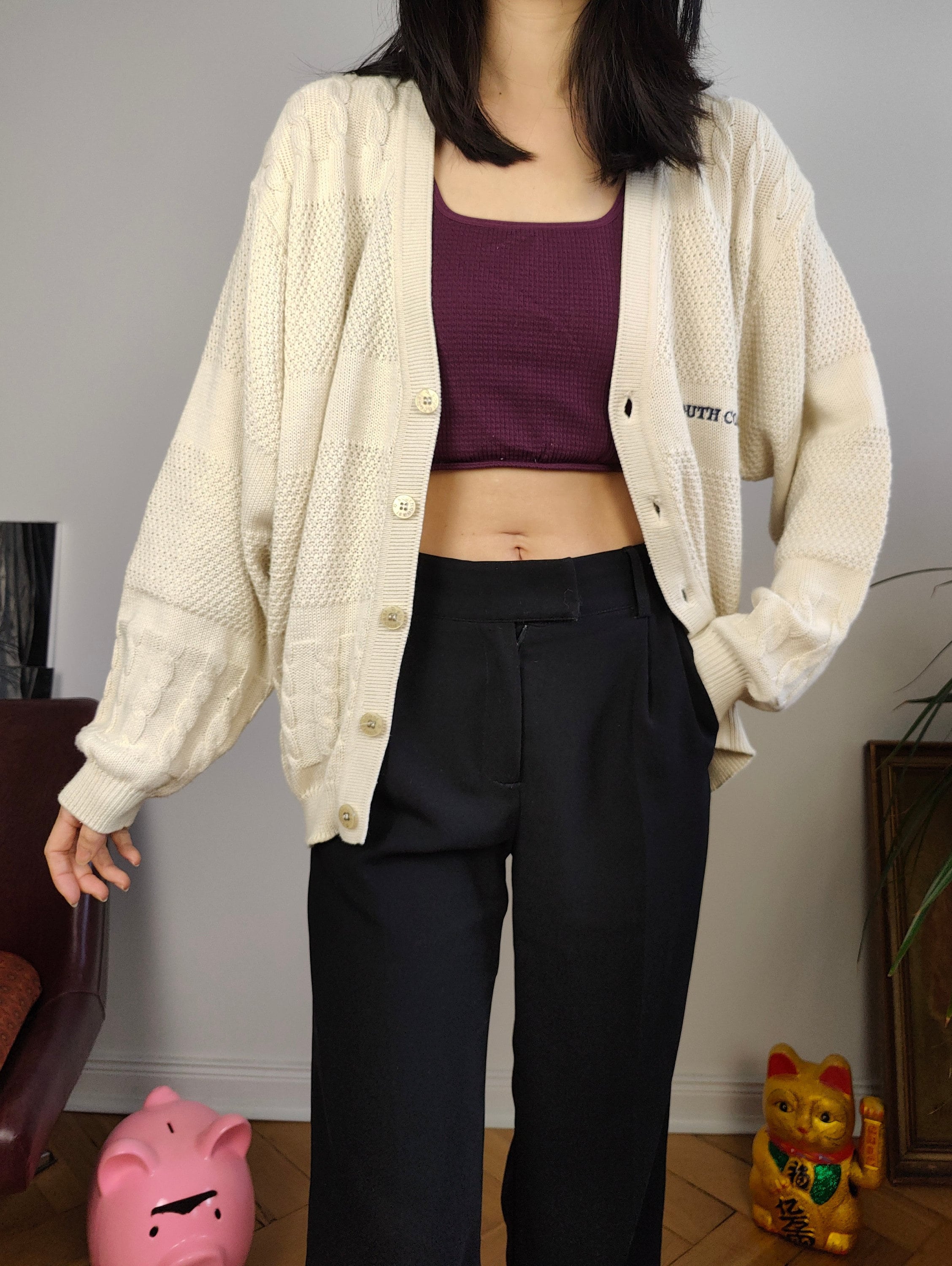 Vintage Wool Mix Cardigan White Cream South Coast Knit Knitted 