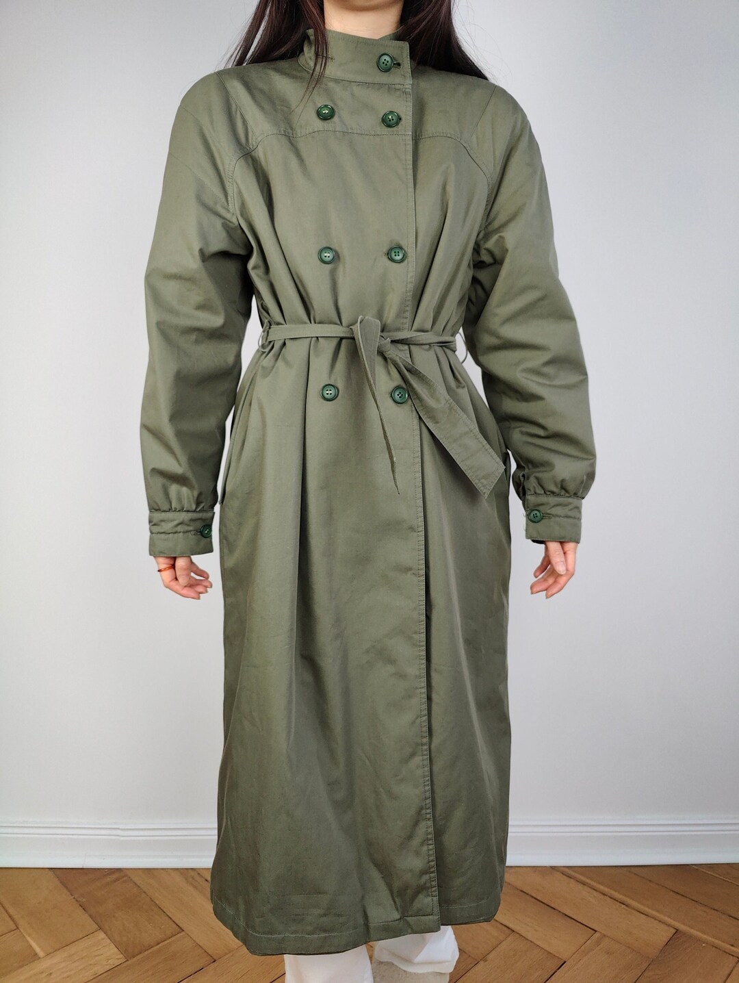 Khaki Green Cropped Collared Trench Coat