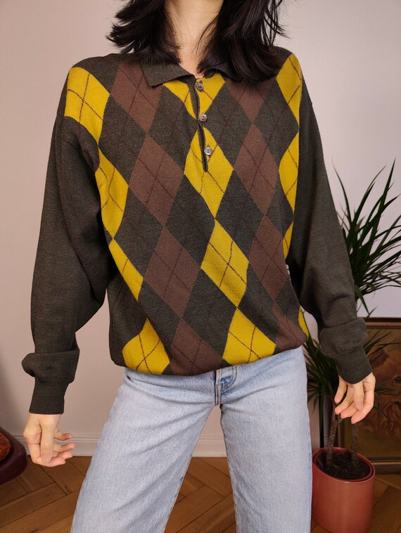 Vintage Argyle Merino Wool Polo Collar Sweater Knit Pullover Jumper Khaki Green Brown Yellow Diamonds M Etsy