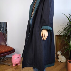 Vintage 2-in-1 reversible trench coat wool navy blue teal green long lining women M