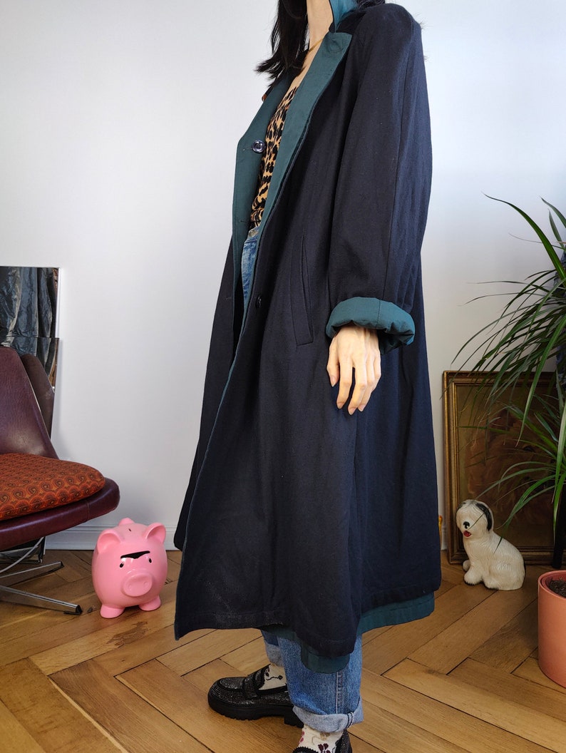 Vintage 2-in-1 reversible trench coat wool navy blue teal green long lining women M