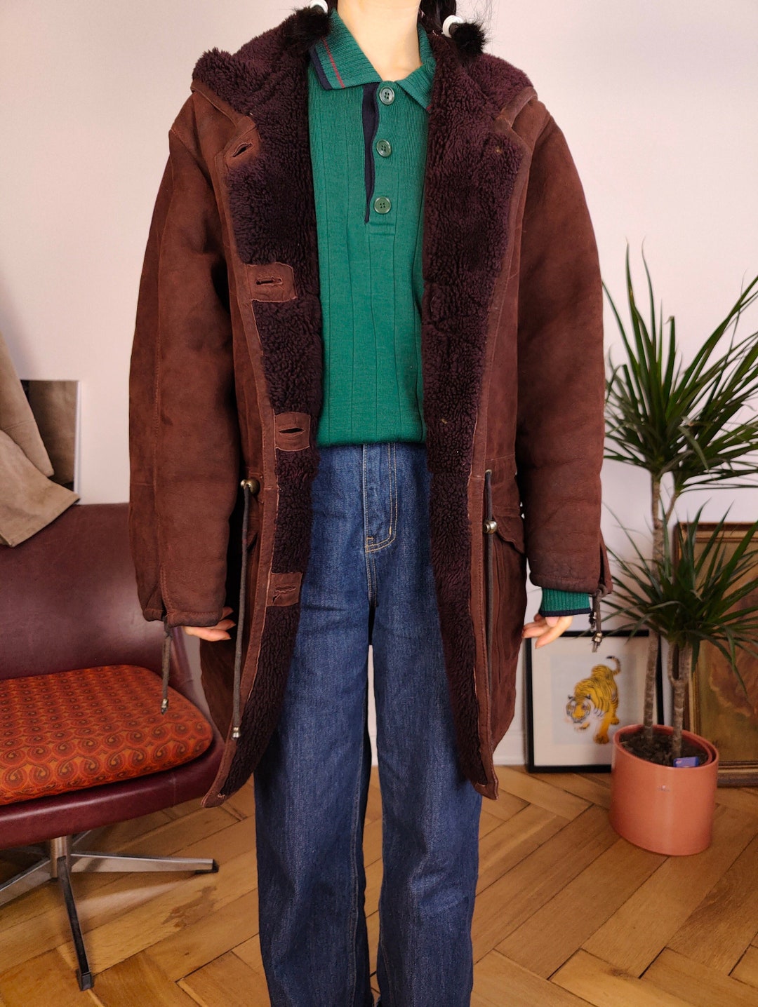 Vintage Genuine Shearling Leather Coat Hood Hoodie Red Brown Sheepskin ...