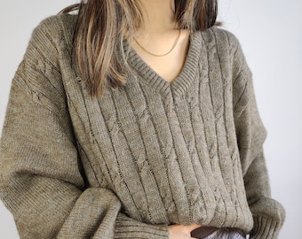 The Wool Brown Cable Knit Sweater | Vintage wool mix jumper pullover cable knit brown grey M