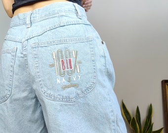 Vintage Jeans Shorts Jorts Bermuda Baumwolle hellblau Stickerei Gin Rummy 46/30 S-M