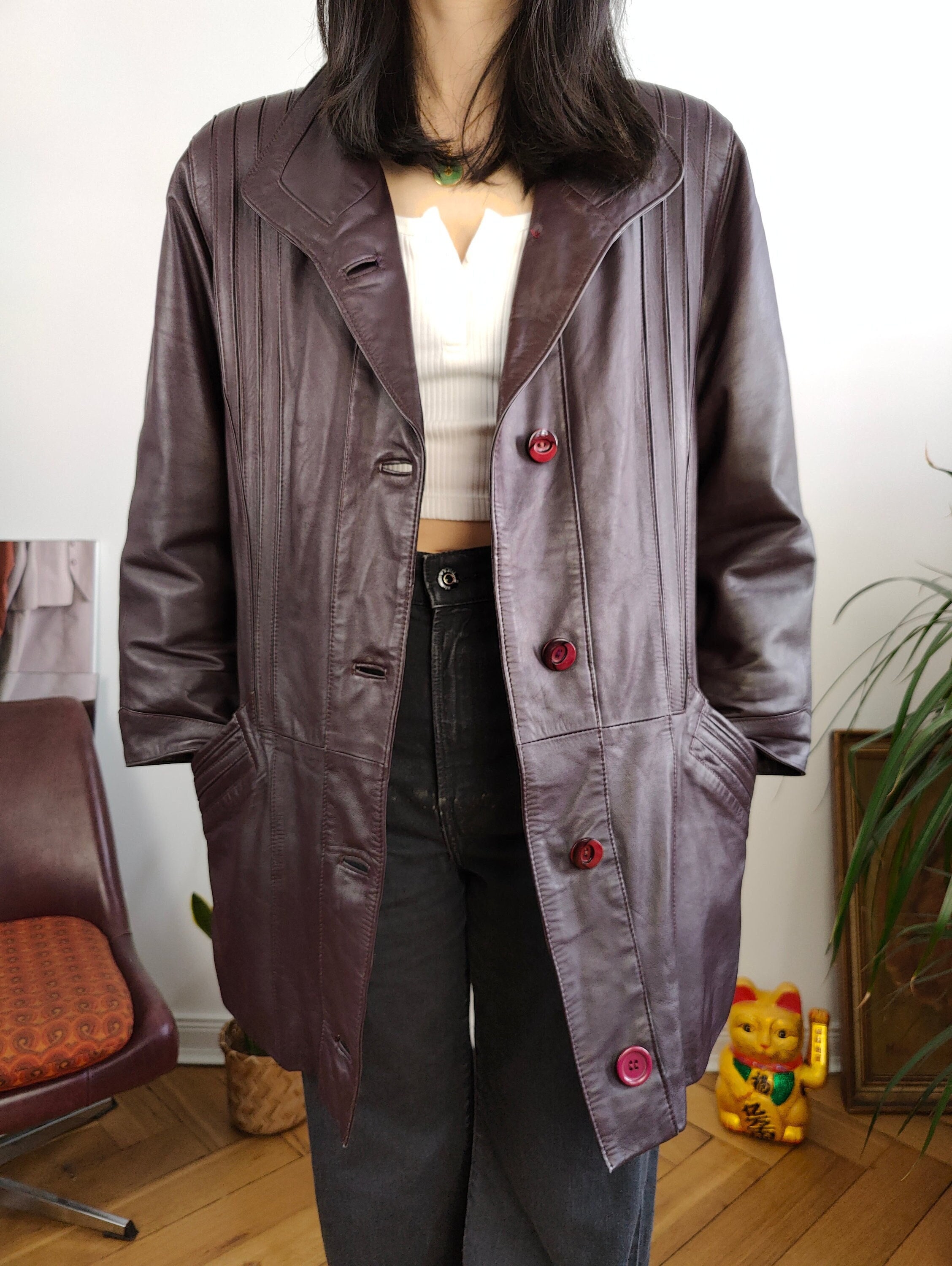 Vintage 100% Nappa Leather Coat Burgundy Red Purple Jacket Women