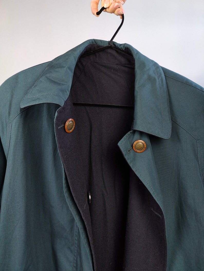 Vintage 2-in-1 reversible trench coat wool navy blue teal green long lining women M