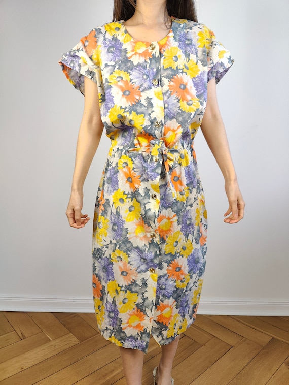 The Orange Yellow Floral Pattern Dress | Vintage … - image 1