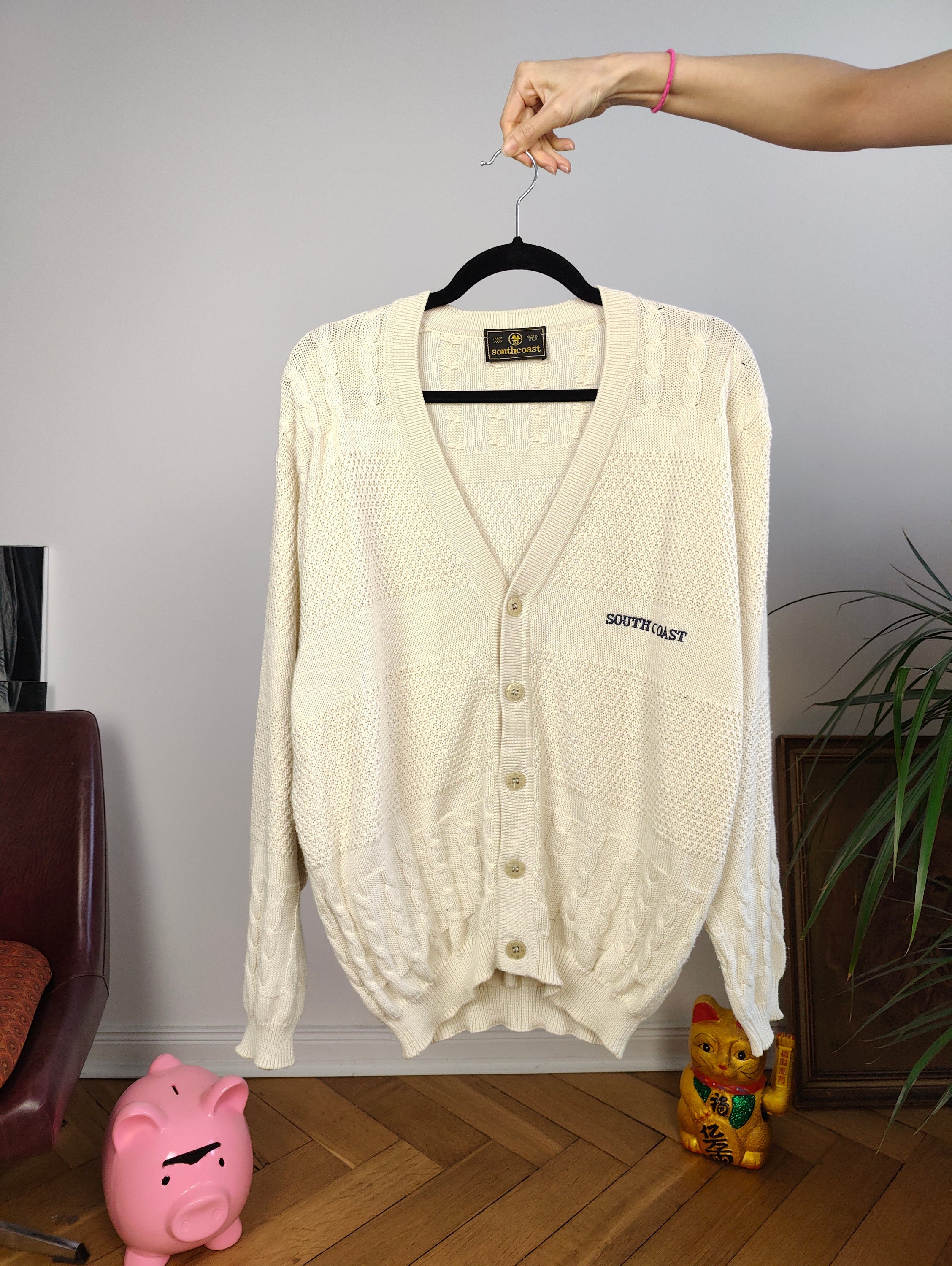 Vintage Wool Mix Cardigan White Cream South Coast Knit Knitted 