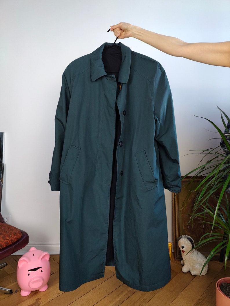 Vintage 2-in-1 reversible trench coat wool navy blue teal green long lining women M