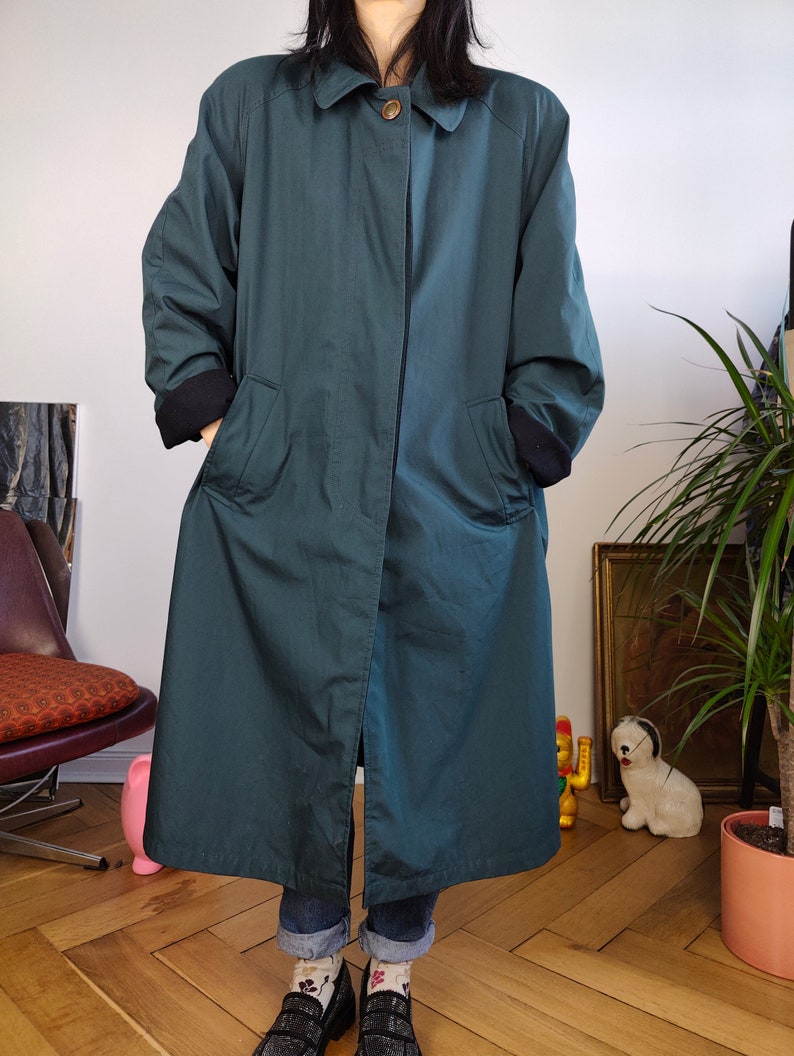 Vintage 2-in-1 reversible trench coat wool navy blue teal green long lining women M