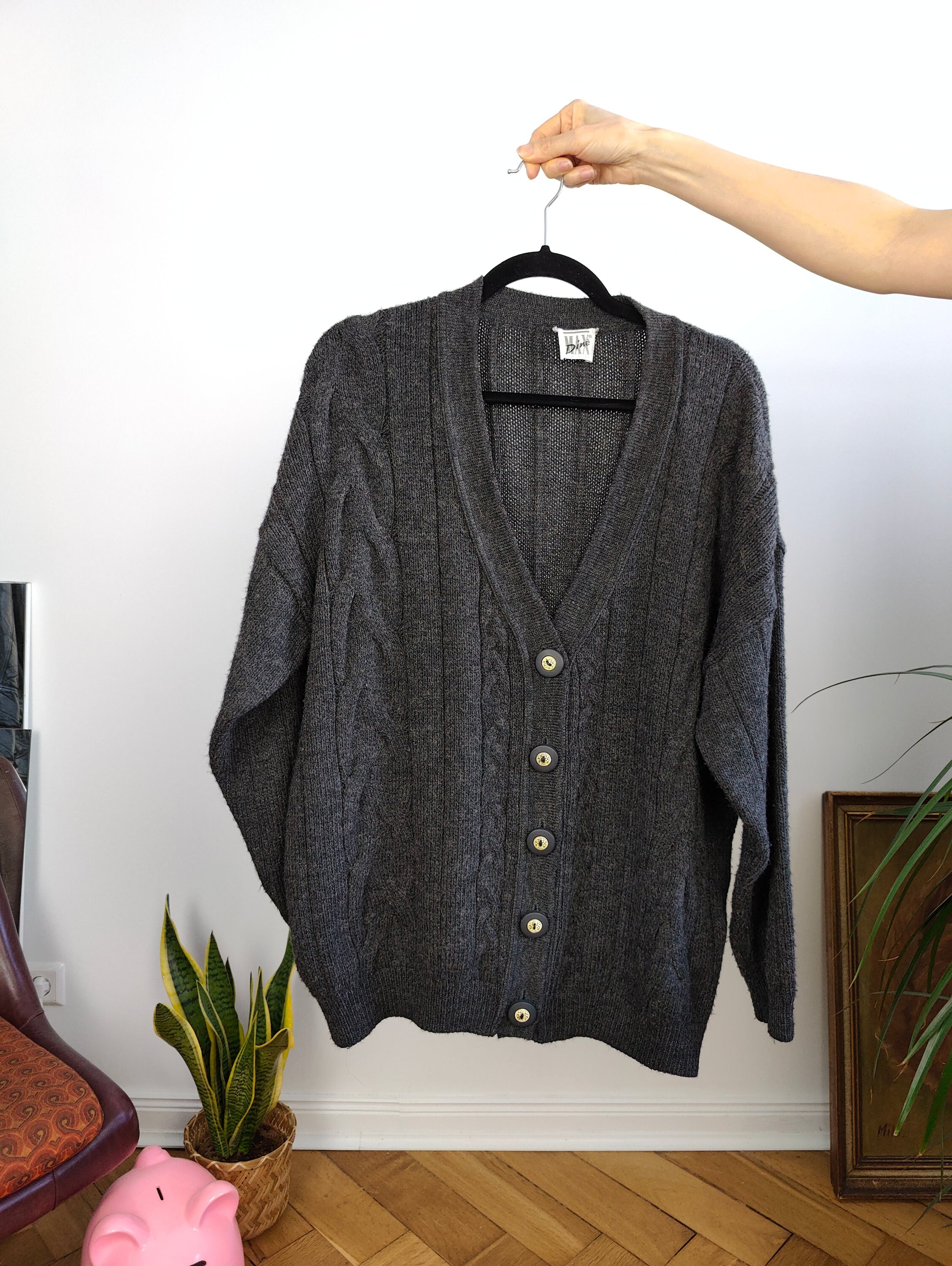 Vintage Wool Mix Cardigan Grey Max Dine Cable Knit Knitted Vintage Wool Mix Cardigan Grey Max Dine Cable Knit Knitted