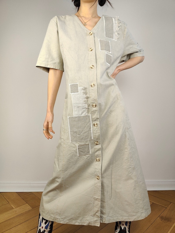 The Cream Patchwork Denim Maxi Dress | Vintage 90s Beige Jeans 