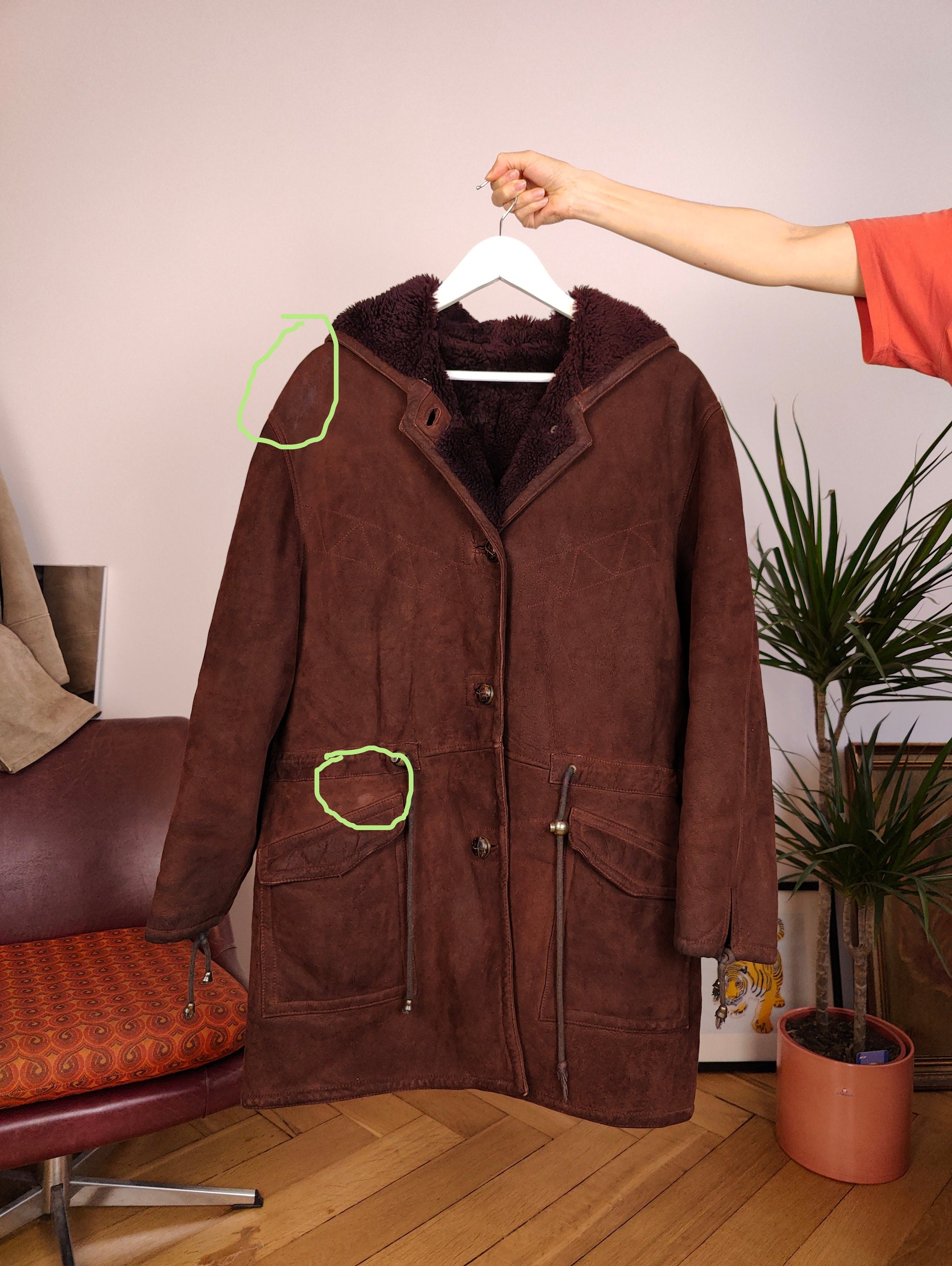 Vintage Genuine Shearling Leather Coat Hood Hoodie Red Brown Sheepskin Lambskin Suede Sherpa Italy IT46 S M Etsy