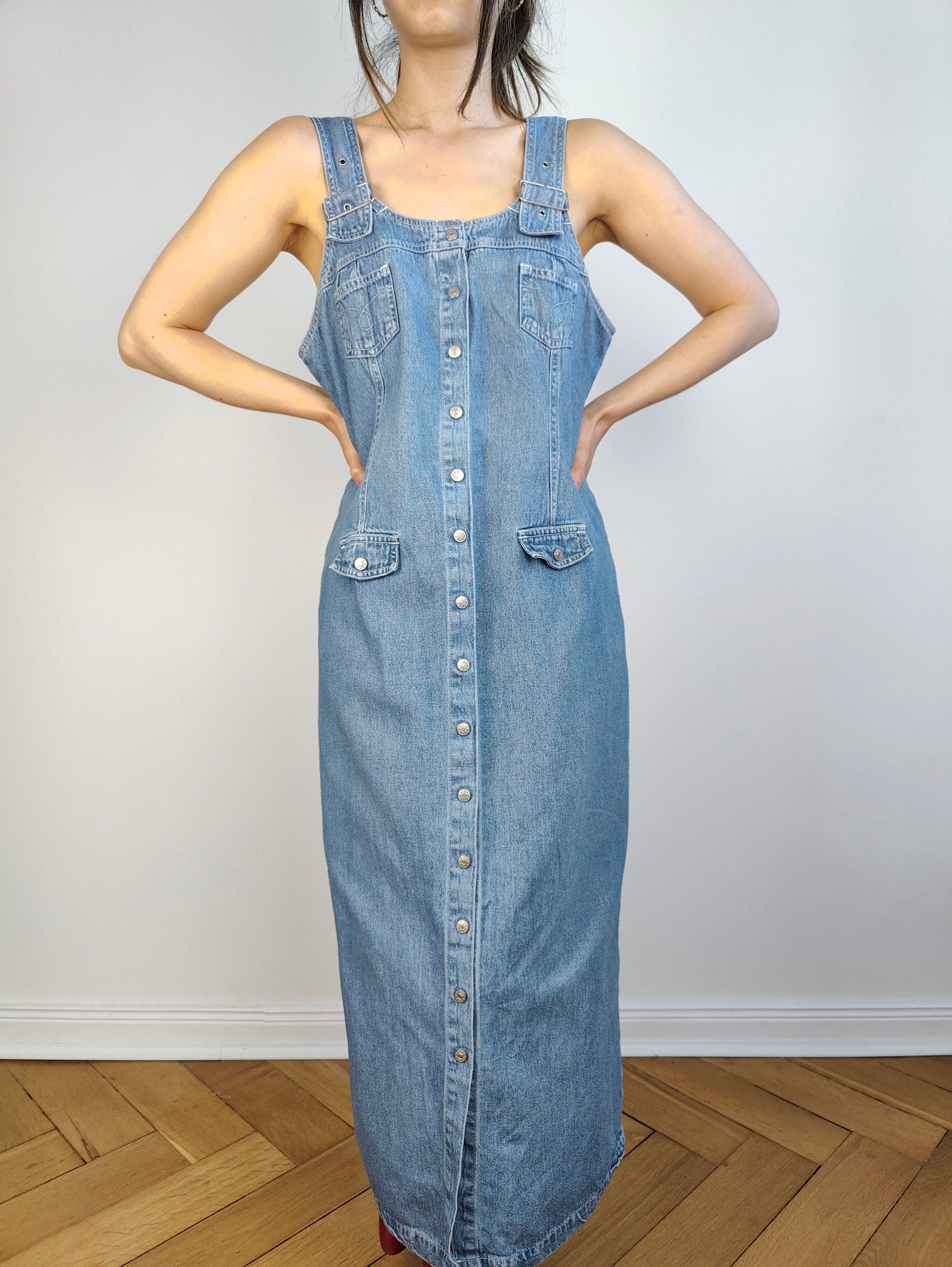 The Dungaree Maxi Denim Dress Vintage 90s John Baner Overall Light Blue  Jeans Spring Summer Long Straight Dress S-M 