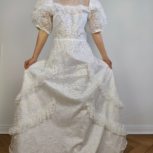 The White Rose Wedding Dress | Vintage puff sleeves ruffles bridal princess ball gown Victorian style lace tulle M