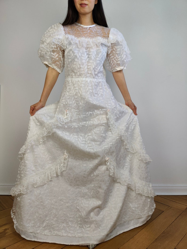 The White Rose Wedding Dress | Vintage puff sleeves ruffles bridal princess ball gown Victorian style lace tulle M