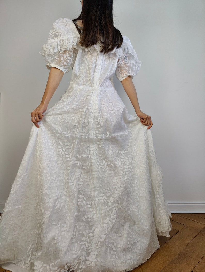 The White Rose Wedding Dress | Vintage puff sleeves ruffles bridal princess ball gown Victorian style lace tulle M