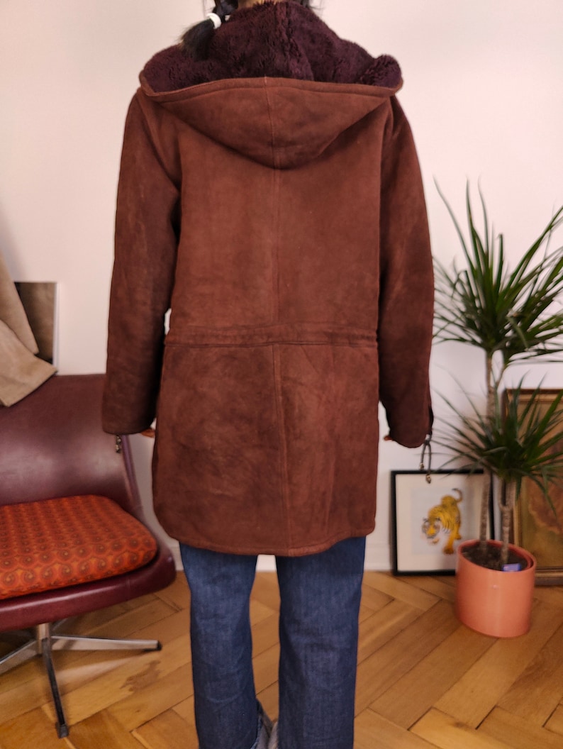 Vintage Genuine Shearling Leather Coat Hood Hoodie Red Brown Sheepskin ...