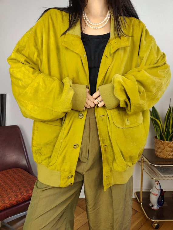 Yellow leather bomber jacket sale