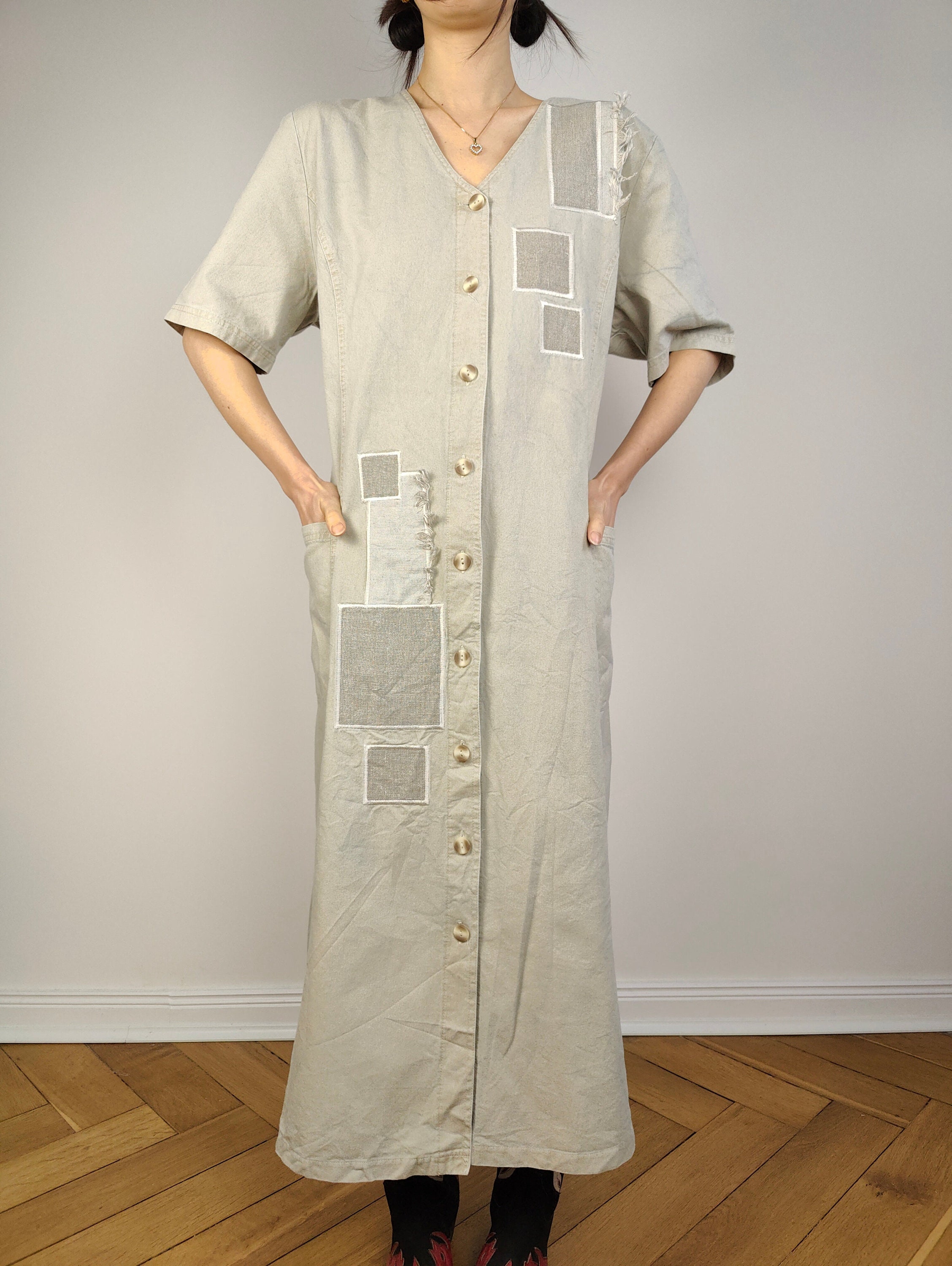 Buy The Cream Patchwork Denim Maxi Dress Vintage 90s Beige Jeans 