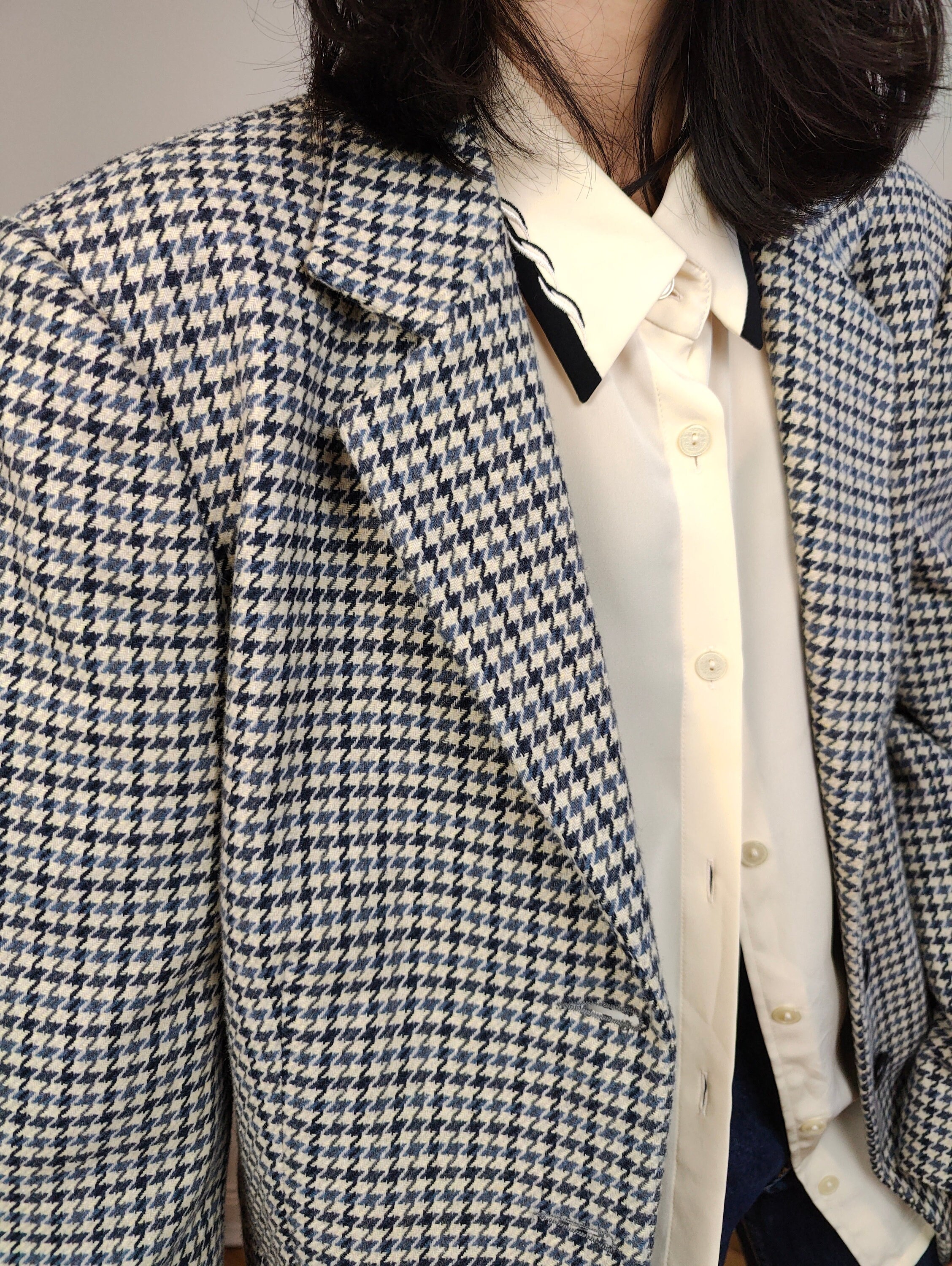 Vintage Wool Blend Blazer Blue White Checker Check Tartan