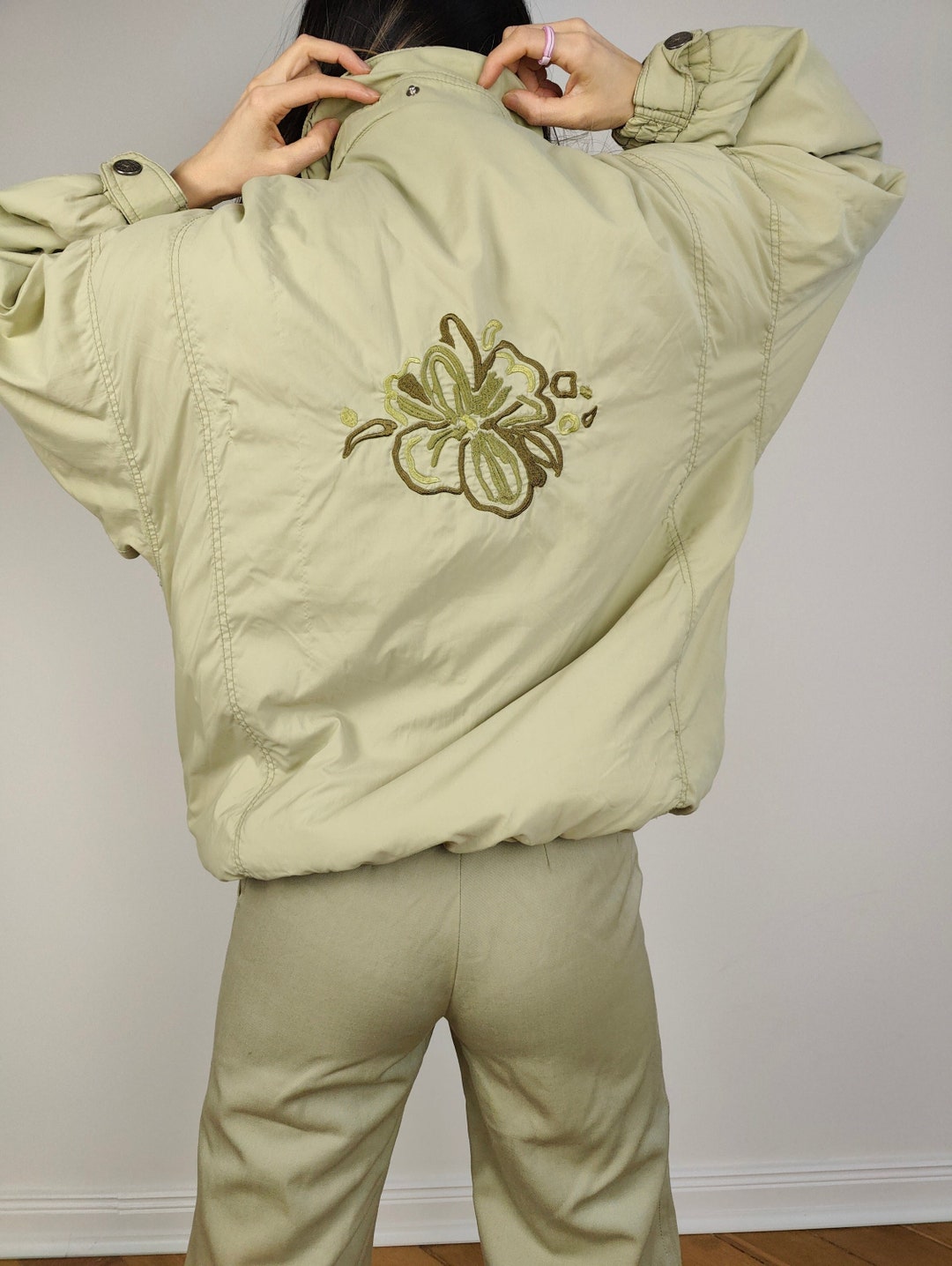 The Colmar Sage Green Bomber Jacket Vintage Colmar Embroidery Floral