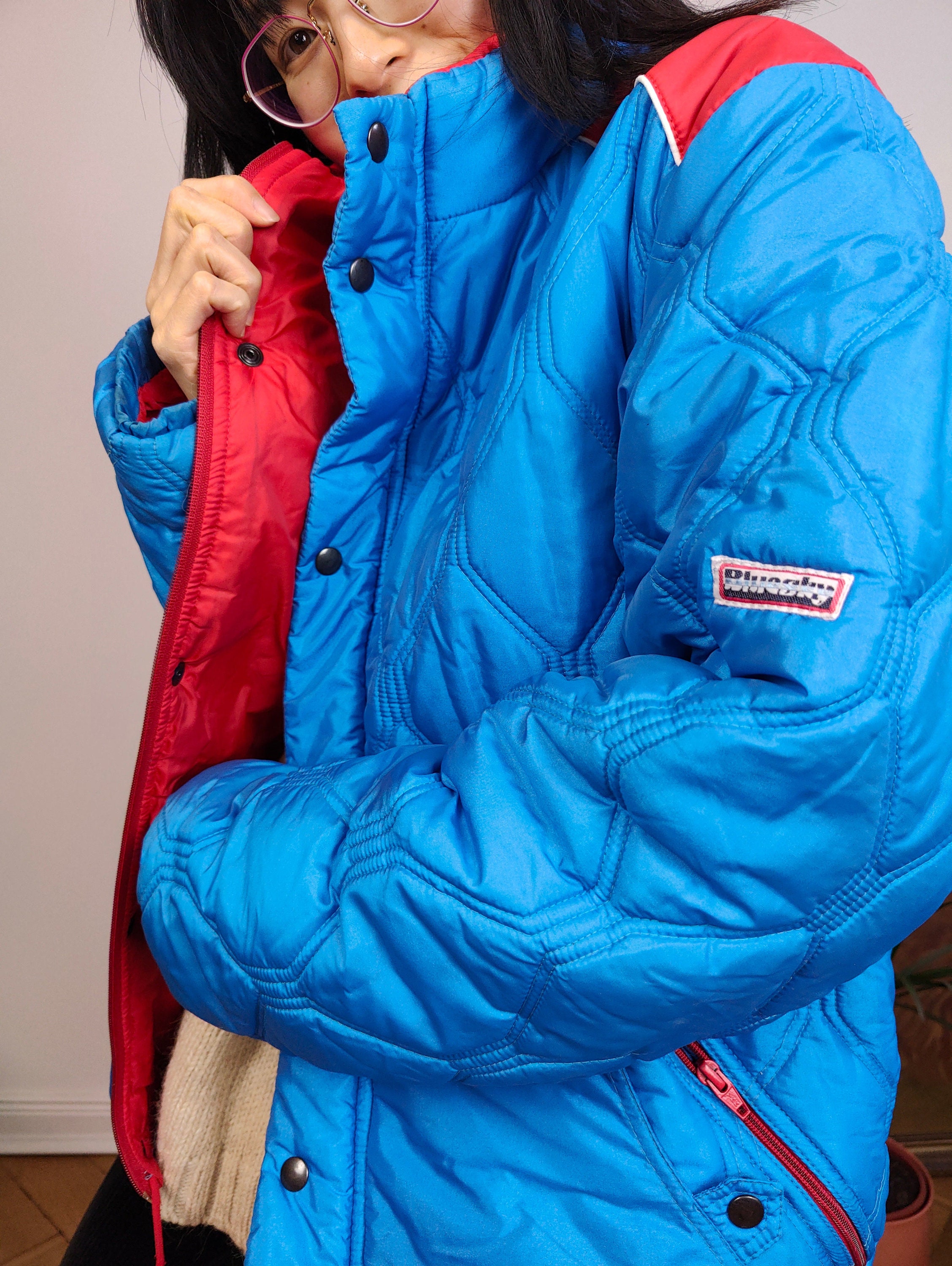 Blue and red puffer jacket hot sale