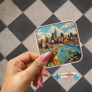 Bengal Tiger Cincinnati City Scape | Vinyl Sticker | Holographic | Sports | Vintage Print Style | Football | Welcome to the Jungle | Cartoon