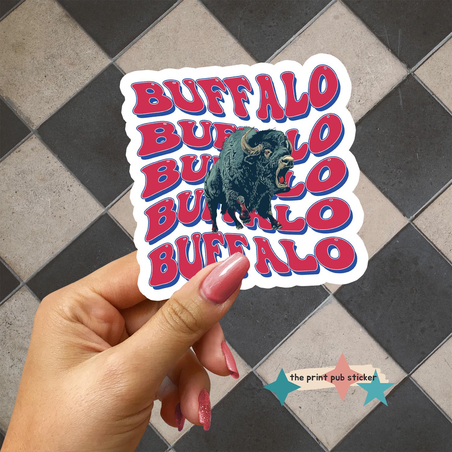 Blauwe vinylsticker met retro bubbeltekst buffel | Holografisch | Vintage | Maffia | Buffel | Divisie | Hey Ey Ey | Buffel | Funky lettertype