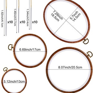 May include: A set of four wooden embroidery hoops in various sizes and thirty sewing needles. The hoops measure 5.12 inches, 6.69 inches, 8.07 inches, and an oval 7.28 by 5.7 inches. The needles come in three lengths: 1.62 inches, 1.46 inches, and 1.34 inches.