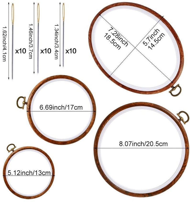 May include: A set of four wooden embroidery hoops in various sizes and thirty sewing needles. The hoops measure 5.12 inches, 6.69 inches, 8.07 inches, and an oval 7.28 by 5.7 inches. The needles come in three lengths: 1.62 inches, 1.46 inches, and 1.34 inches.