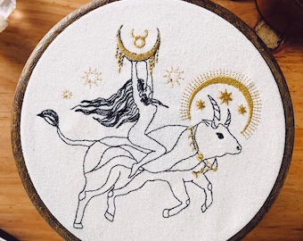 Taurus Zodiac Embroidery Hoop Art: Celestial Moon and Stars Wall Decor