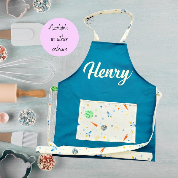 Personalised Children's Space print apron cotton canvas pinny with pocket Birthday gift for kids boys and girls