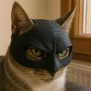 Pu&ograve; includere: Un gatto tigrato con una maschera nera, che ricorda un supereroe. Il gatto ha occhi verdi e baffi bianchi. La maschera copre gli occhi e la fronte del gatto, con una superficie strutturata. Il gatto &egrave; seduto su una superficie grigia.